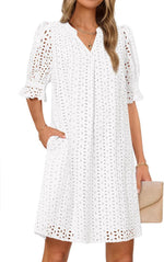 SpringSummer V Neck Pleated Collar Hollow Out Floral Lace Dress