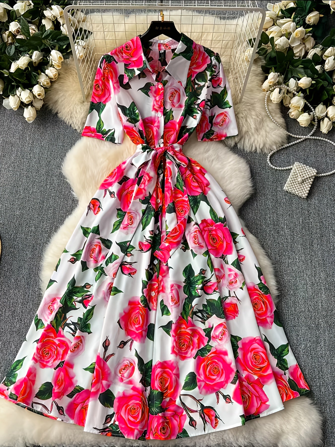 Elegant Women'S Floral Print Dress with Short Sleeves, Lapel Collar, and Cinched Waist - Romantic Rose Design, Perfect for Spring Outings, Garden Parties, and Casual Events, Garden Party Dress | Floral Print Dress | Stylish D