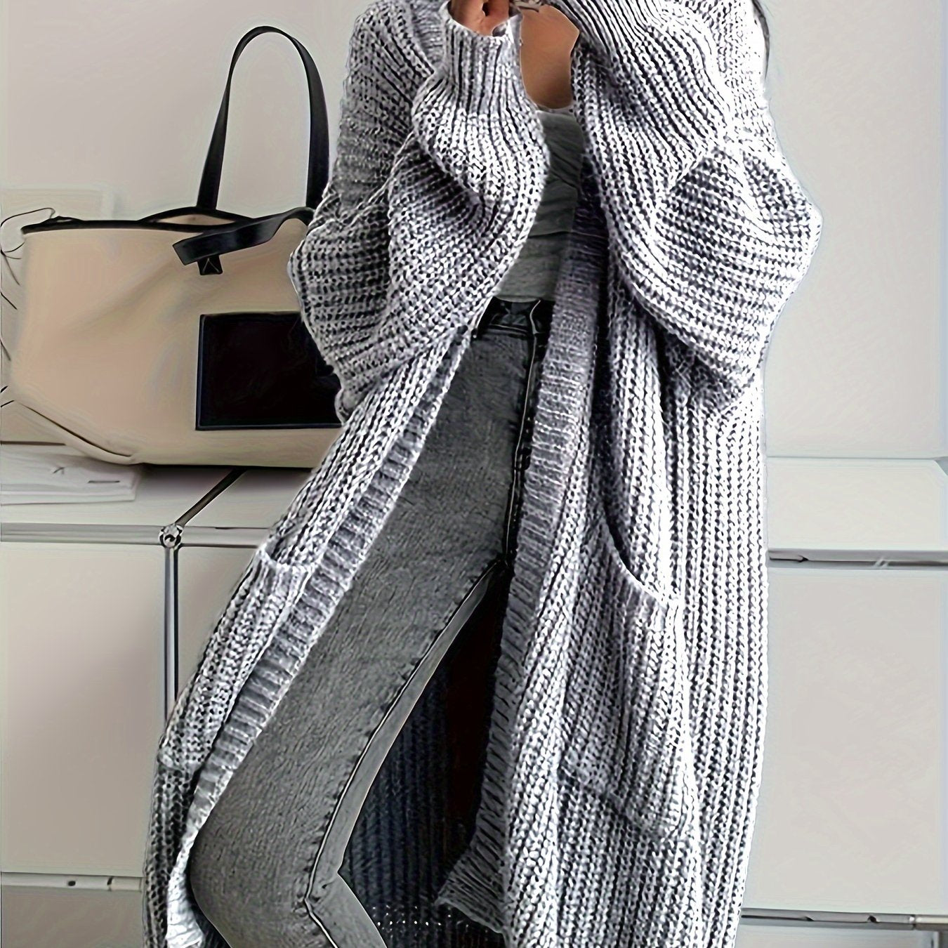 Cardigan sweater - Patched Pockets Open Front Cardigan - Solid, Long Sleeve, Knitted - Fall & Winter - Women - Cozy & Stylish - Cozy Comfort, Effortless Style