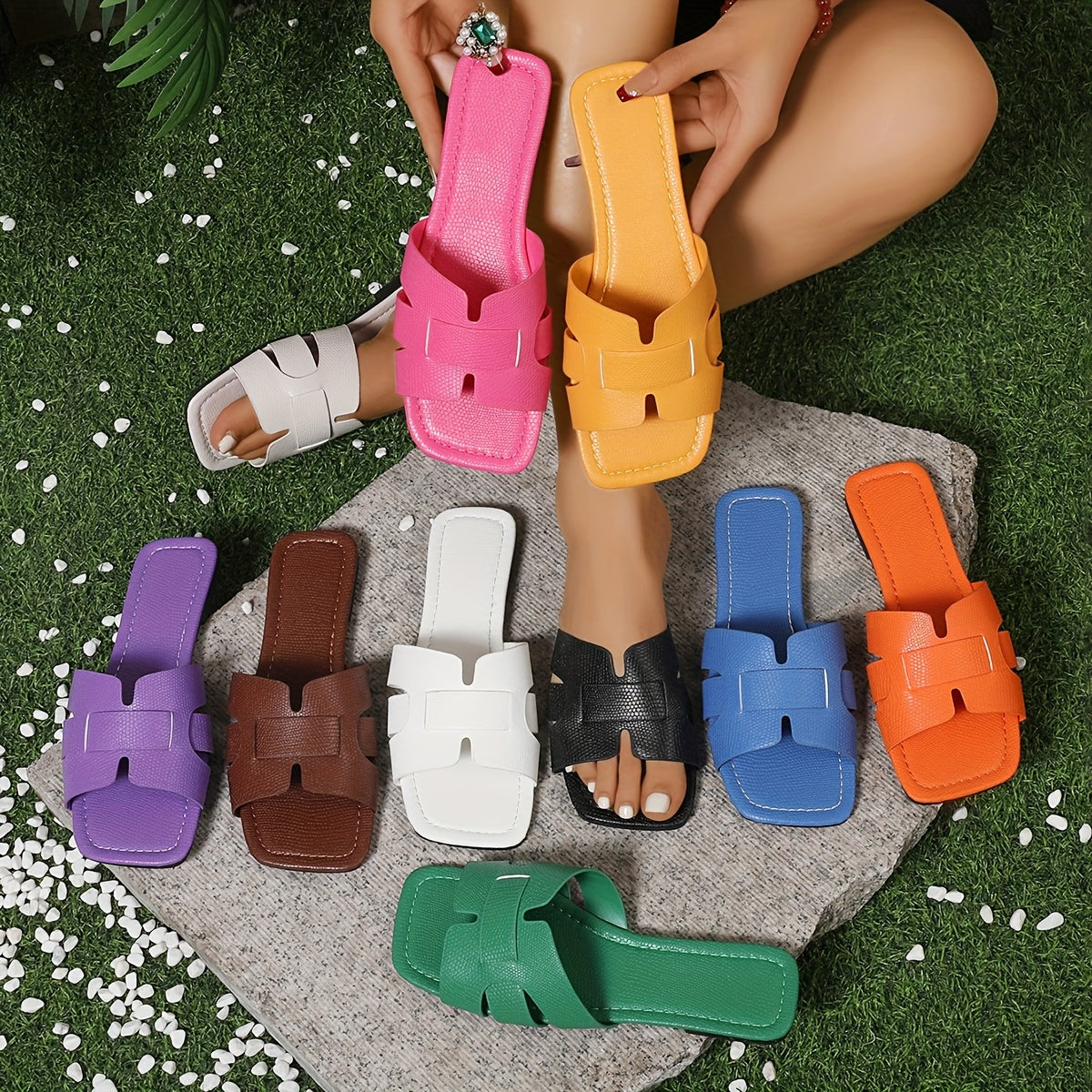 Women's Summer Flat Slide Sandals - Lightweight, Open Toe with Snakeskin Pattern Straps, Casual Elegant Style in Multiple Colors, Perfect for Party and Casual Attire, Strappy Sandals