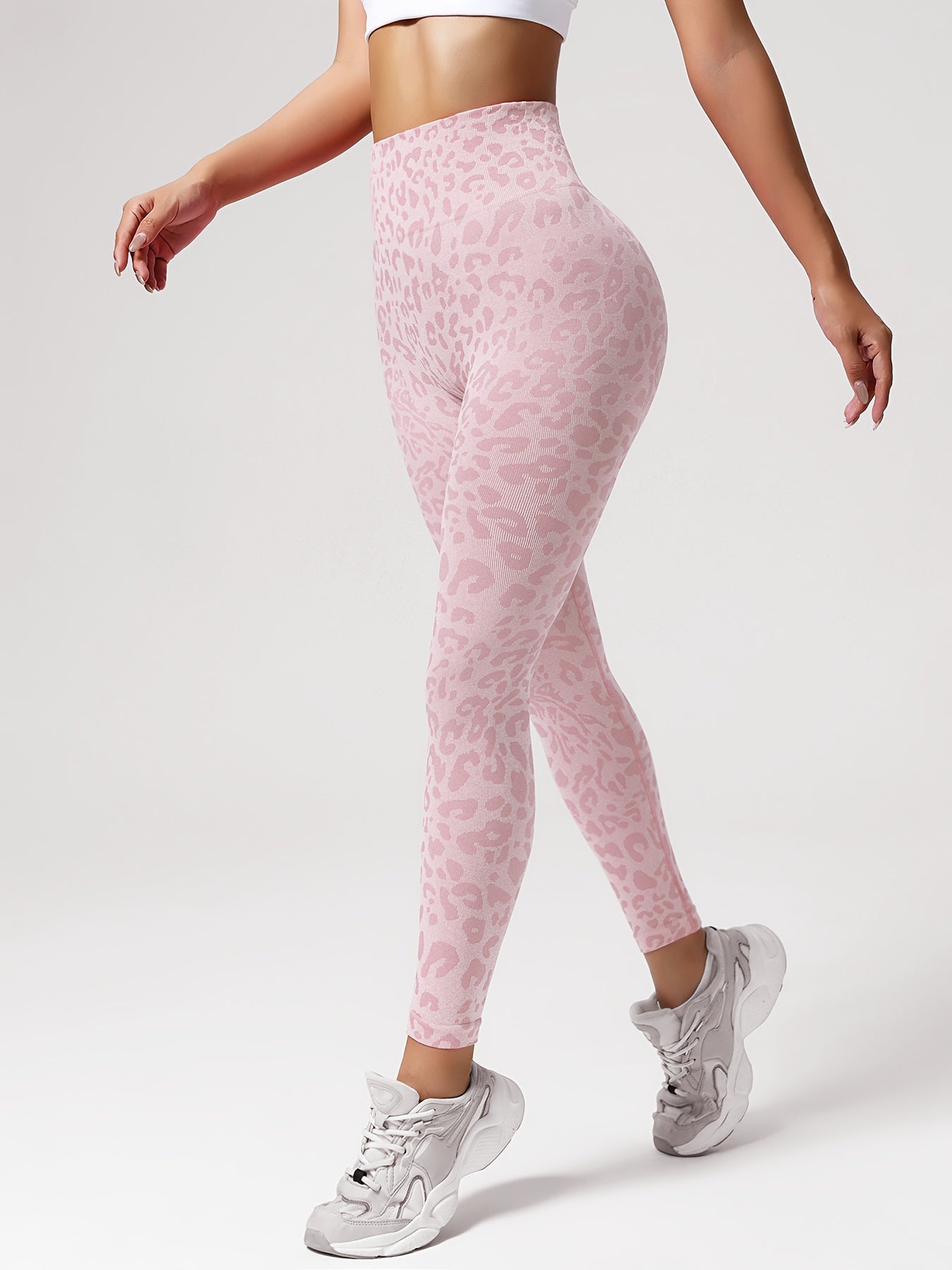 1pc Women'S Leopard Print Jacquard Wide Waistband Running Leggings, Polyamide 90% Elastane 10% Knit Fabric, Basic Style High-Waisted Sports Tights