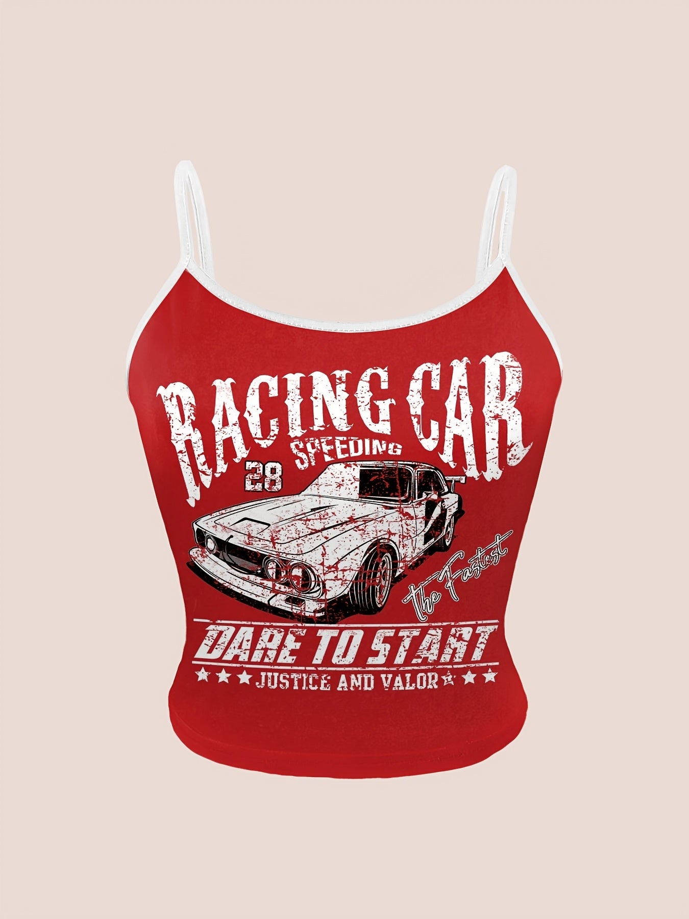 Y2K Style Racing Car Print Crop Top, Sleeveless Spaghetti Strap Tank Top for Women, Summer Letter & Symbol Design, Fashionable & Trendy, No Underwire, Y2K Fashion