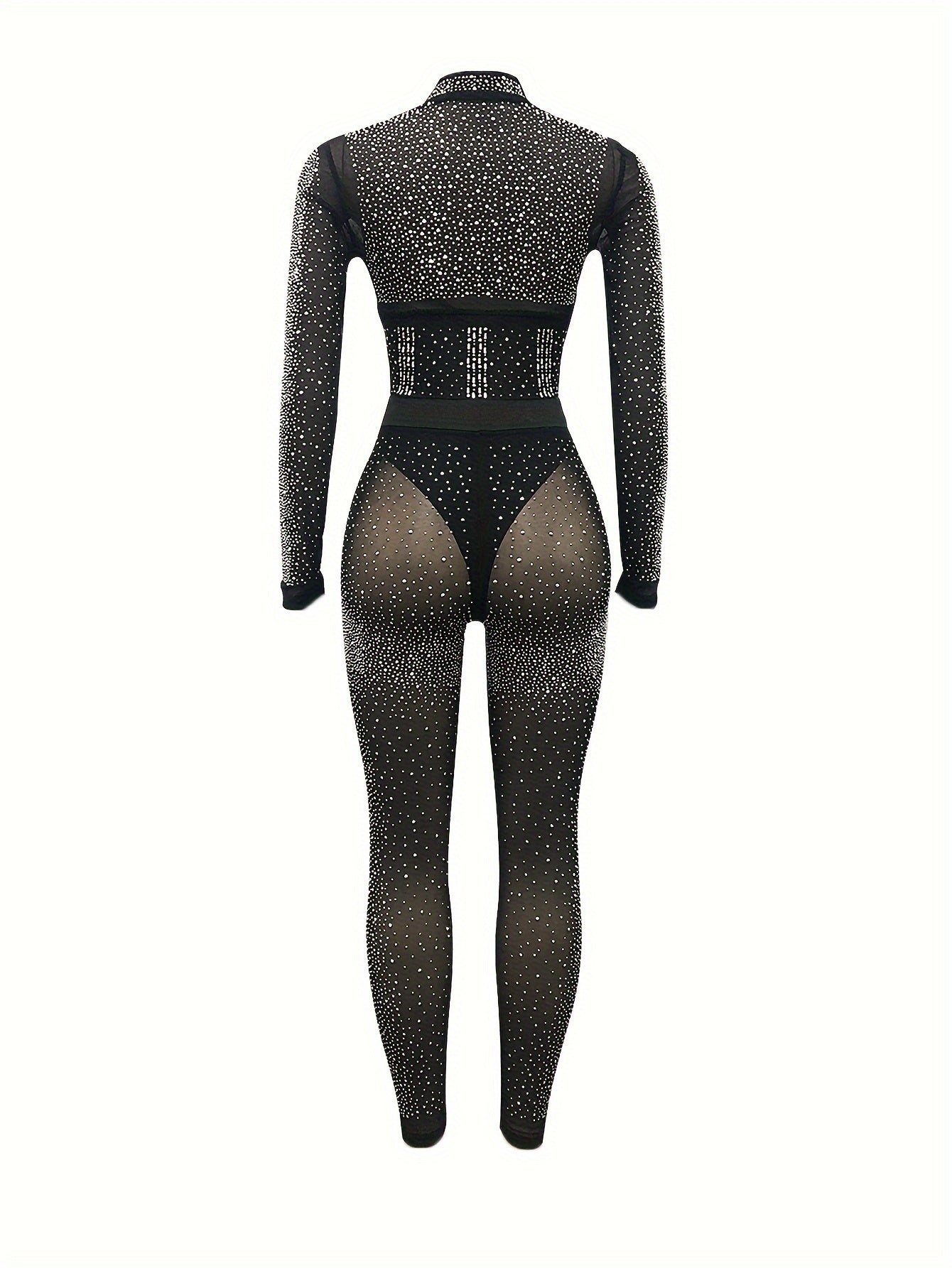 Chic Rhinestone-Embellished V-Neck Long Sleeve Top & Pants Set for Women - Sexy, Semi-Sheer Polyester Blend, Perfect for Spring/Summer, Sexy Style, Spring/Summer