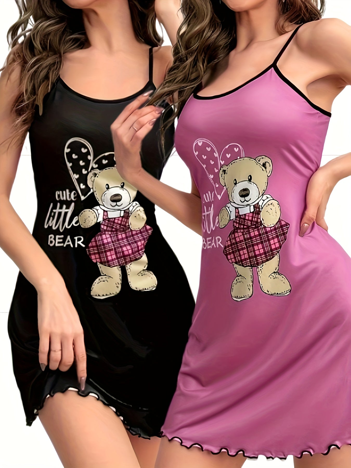 Two Pieces of Bear Print Pajamas, a Round-Neck Ruffled Edge Backless Camisole Dress, Women'S Sleepwear.