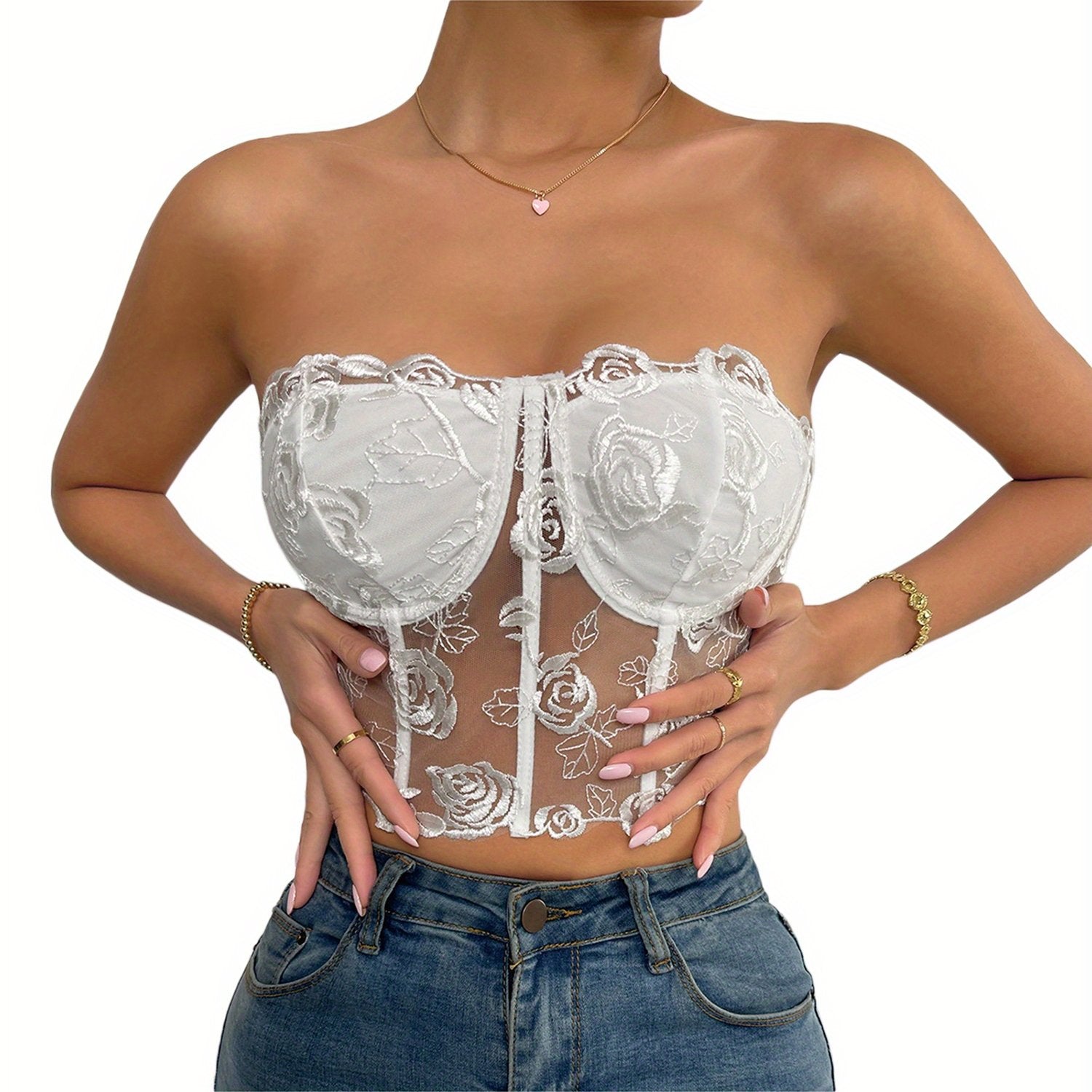 Women'S Bust Tube Tops, Embroidered Flowers Seen Through The Shoulders And Hearts of Everyday Club Parties.