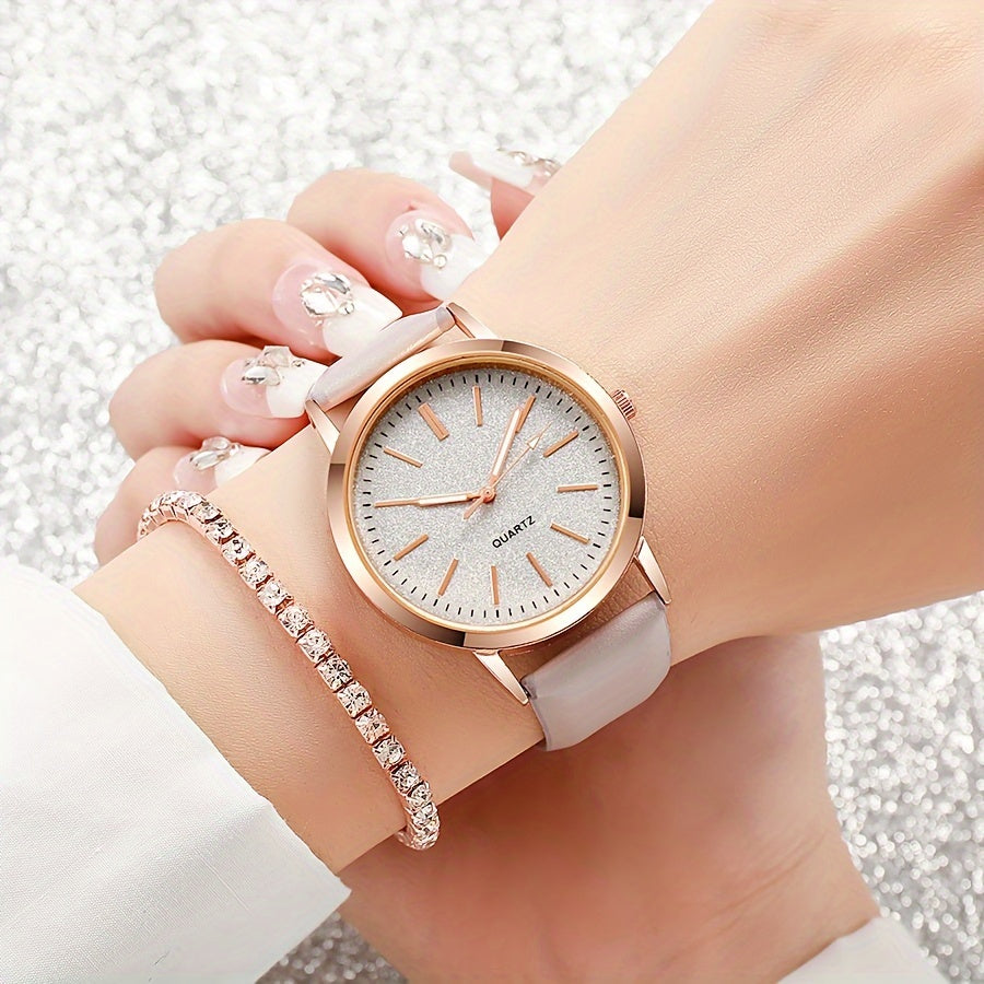 6pcs Elegant Women'S Quartz Watch and Jewelry Set - Round Analog Display, Faux Leather Band, Zinc Alloy Case, Non, Includes Bracelet, Necklace, Earrings, Ring - Perfect Gift for Her Mother