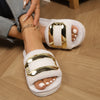 Women'S Black Faux Fur Slippers with Golden Buckle Detail - Soft, Flat Sole, Comfortable Indoor House Shoes for Spring, Summer, and Fall, Seasonal Fashion, Home Slippers