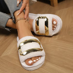 Women'S Black Faux Fur Slippers with Golden Buckle Detail - Soft, Flat Sole, Comfortable Indoor House Shoes for Spring, Summer, and Fall, Seasonal Fashion, Home Slippers