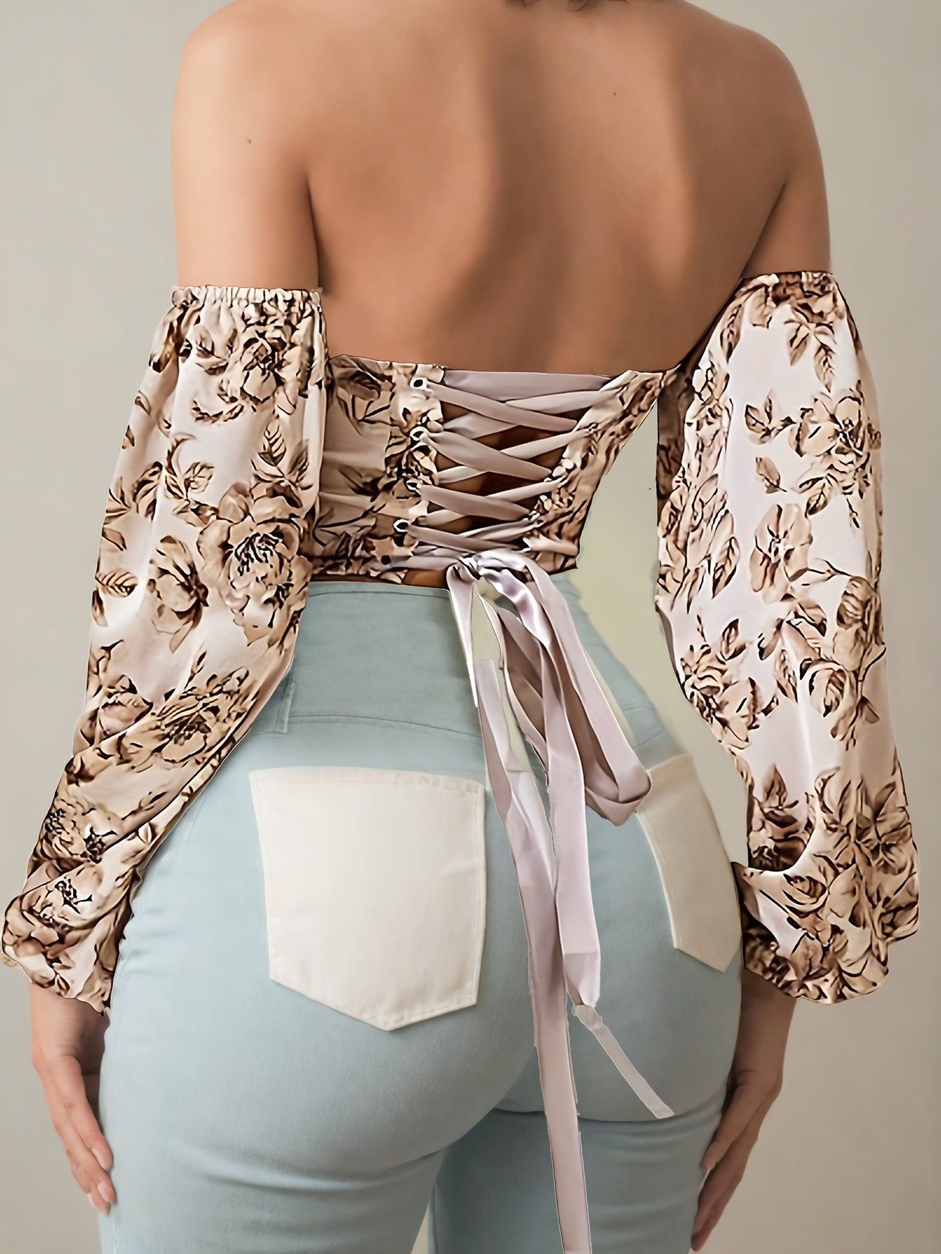 Vibrant Floral Print Crop Top, Off-shoulder Strappy Blouse with Lantern Sleeve for Spring & Summer, Women's Clothing