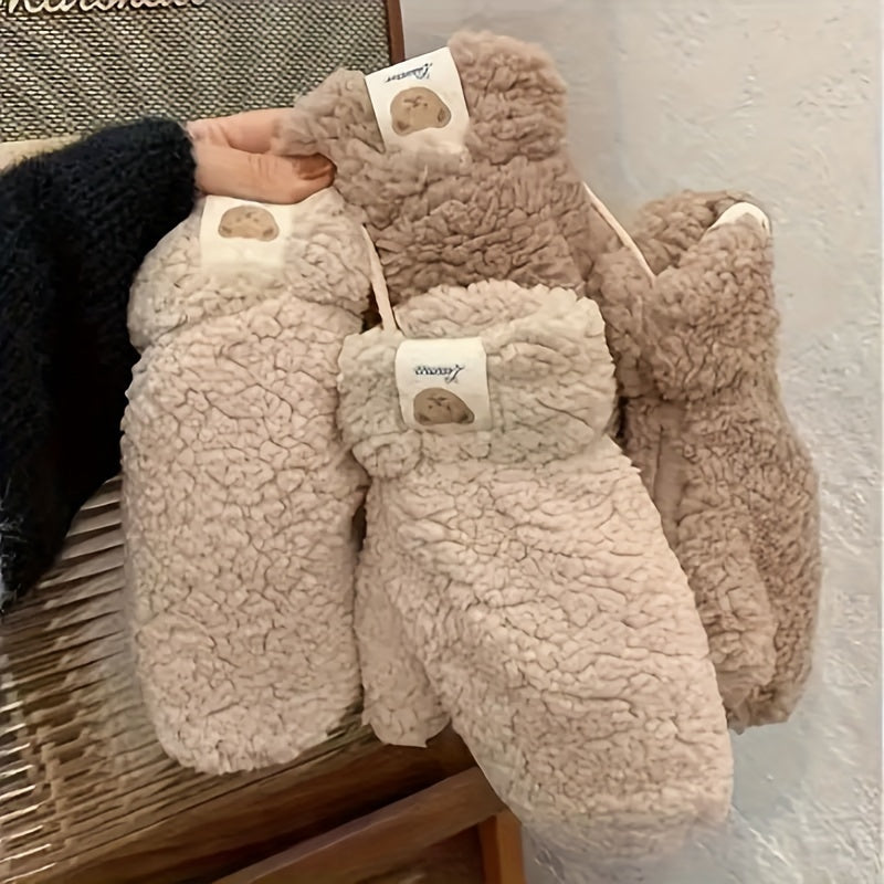 Winter Fleece Mittens with Hanging Cord, Plush Lamb Lined Warm Gloves, Windproof Thermal Thickened for Outdoor Cycling and Going Out - Hand Washable Woven Craftsmanship, Elastic Fit