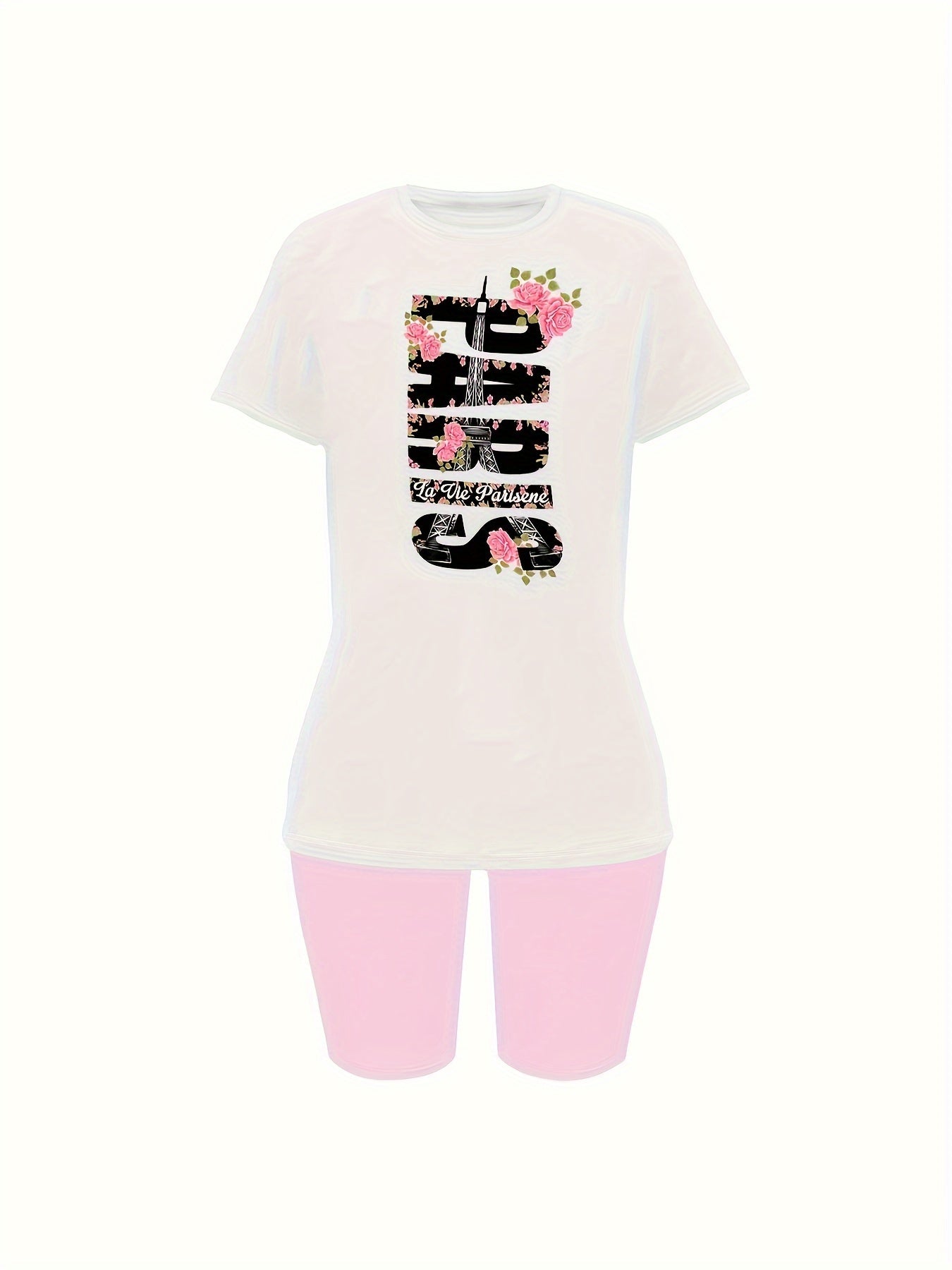 Two-piece set of trendy and personalized element printed Women's short-sleeved tops and five-pocket pants, fashionable and creative casual letter-printed Women's round-neck T-shirt and bottom pants