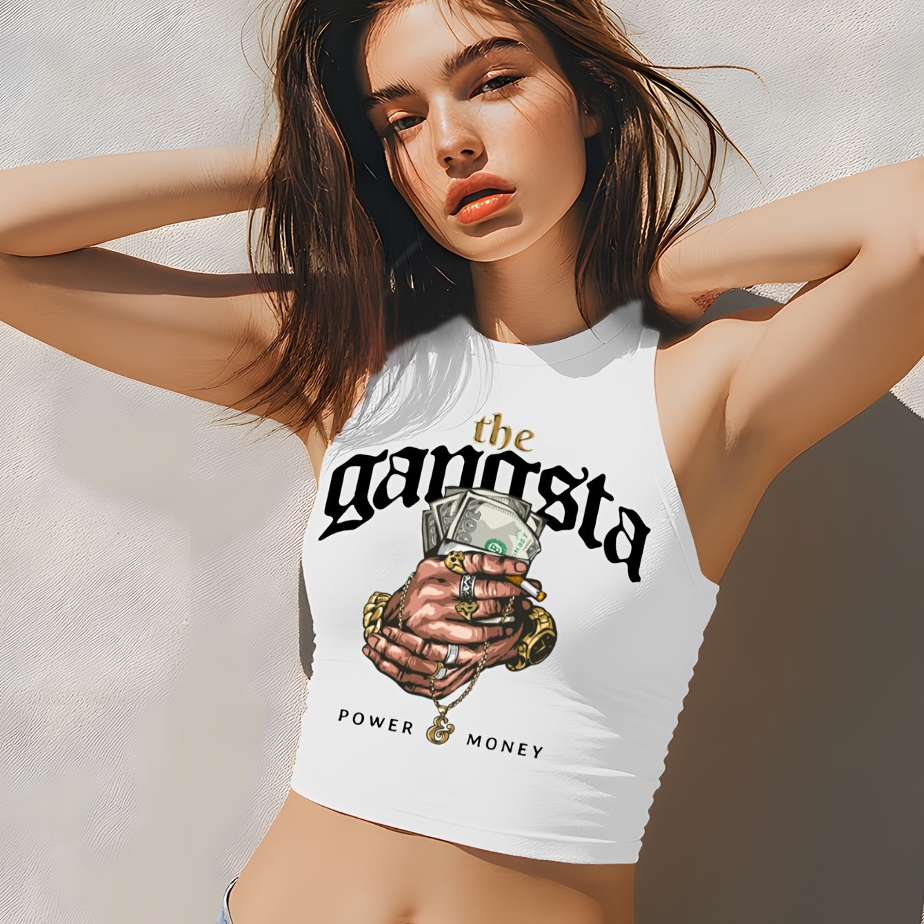 Women'S "The Gangsta" Graphic Crop Top Tank Top - Sleeveless, Light Blue with Money & Handshake Design, Casual Summer Tee for Adults, Casual Attire | Playful Print | Polyester Blen