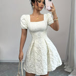 Elegant Women's Floral Jacquard Dress with Puff Sleeves and Square Neckline - Knee-Length, White Textured Design, Perfect for Casual or Formal Occasions, Floral Print Dress, Evening Event Attire, Chic Comfortable Wear