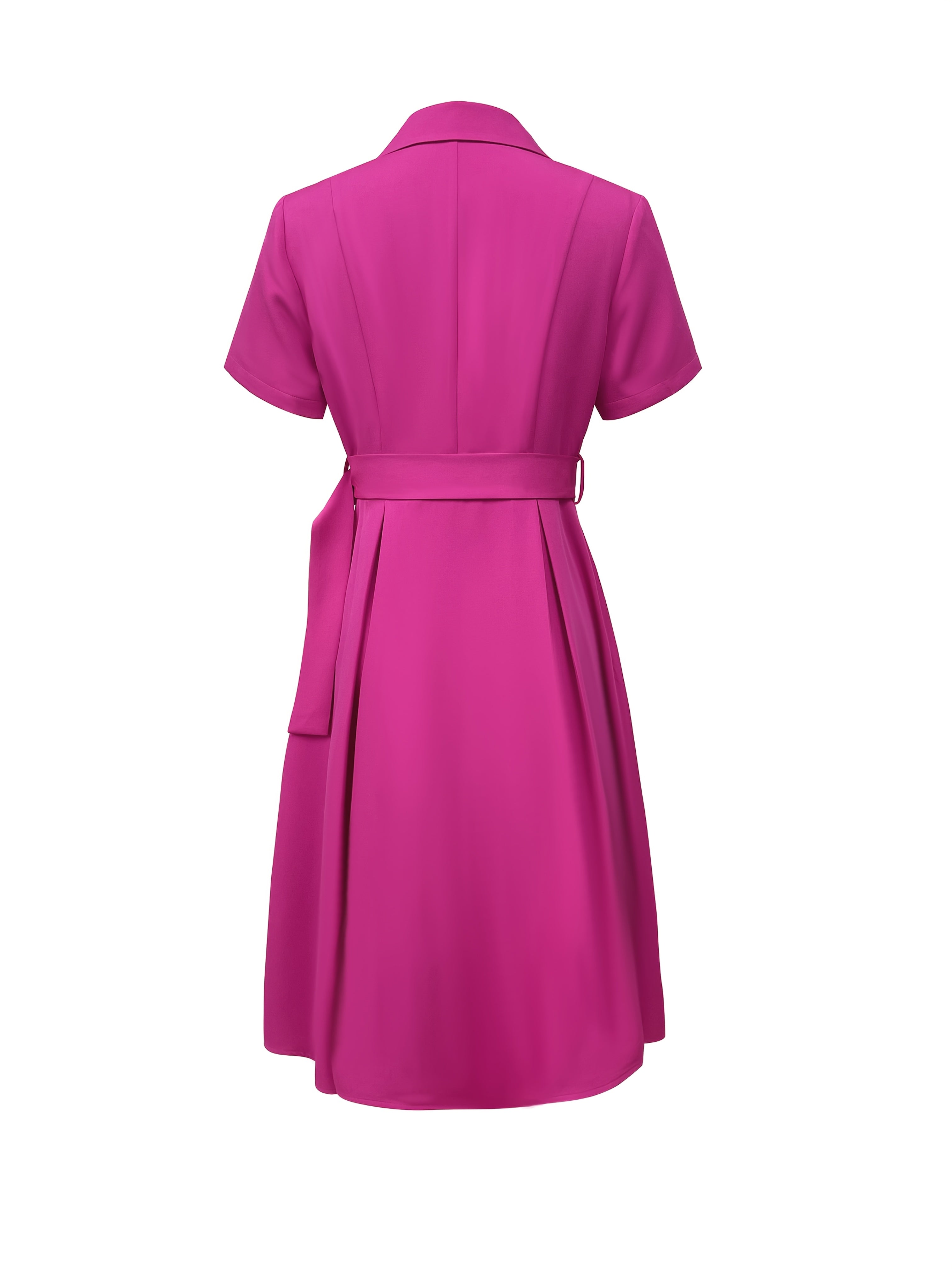 Women's Elegant Short Sleeve A-Line Dress with Adjustable Waist Tie - Vibrant Pink Solid Color, Machine Washable Summer Office & Casual Wear, Versatile Commuter Dress, Nontransparent Fabric