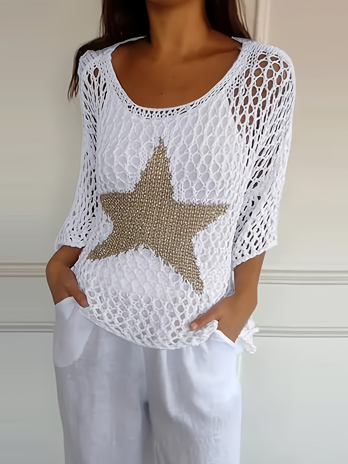 Women's Loose Hollow Star Cardigan Round Neck Shirt Summer Swim Cover-Up