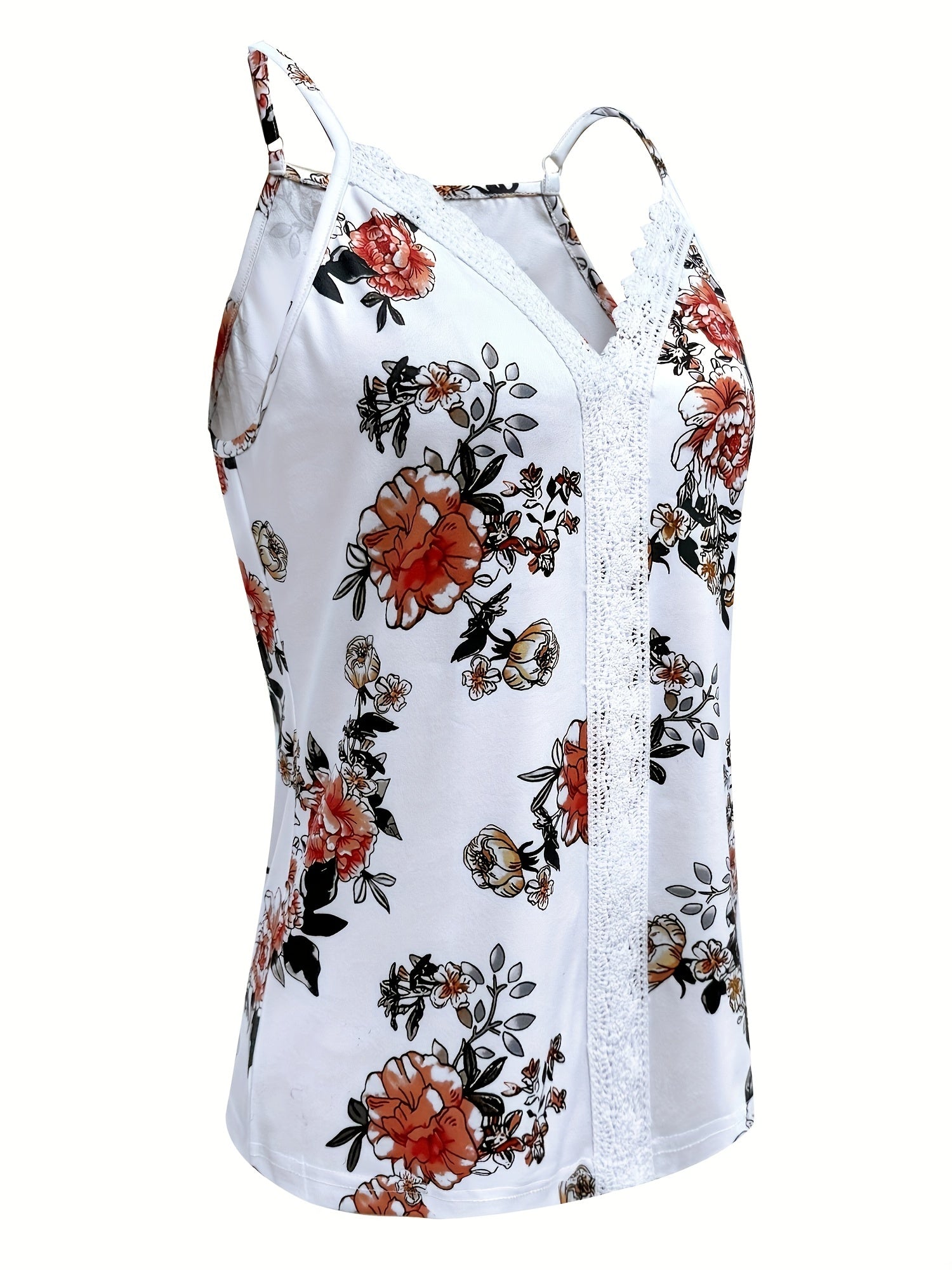 Women's Floral Print Lace Trim Sleeveless V-Neck Tank Top - Summer Casual Sexy Contrast Design, Breathable Machine-Washable Regular Fit for Beach Outings & Casual Wear, Ladies Tank Tops, Delicate Fabric Detail