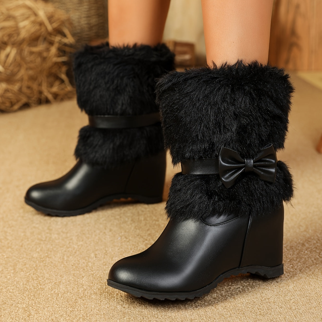 Women's Plush-Lined Winter Boots - Cozy Slip-On Mid-Calf Riding Boots with Thick Sole, Round Toe, and Bow Detail in White, Black, and Pink - Perfect for Cold Weather Comfort, Snow Boots