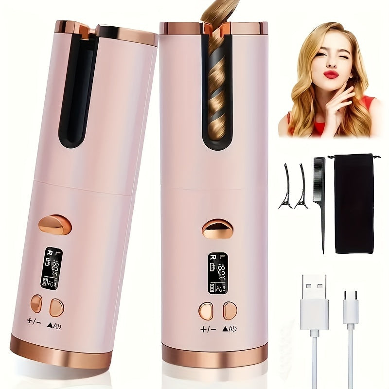 Portable Wireless LCD Display Rechargeable Ceramic Heating Antiperm Hair Curlers Automatic Electric Power Source Curling Irons