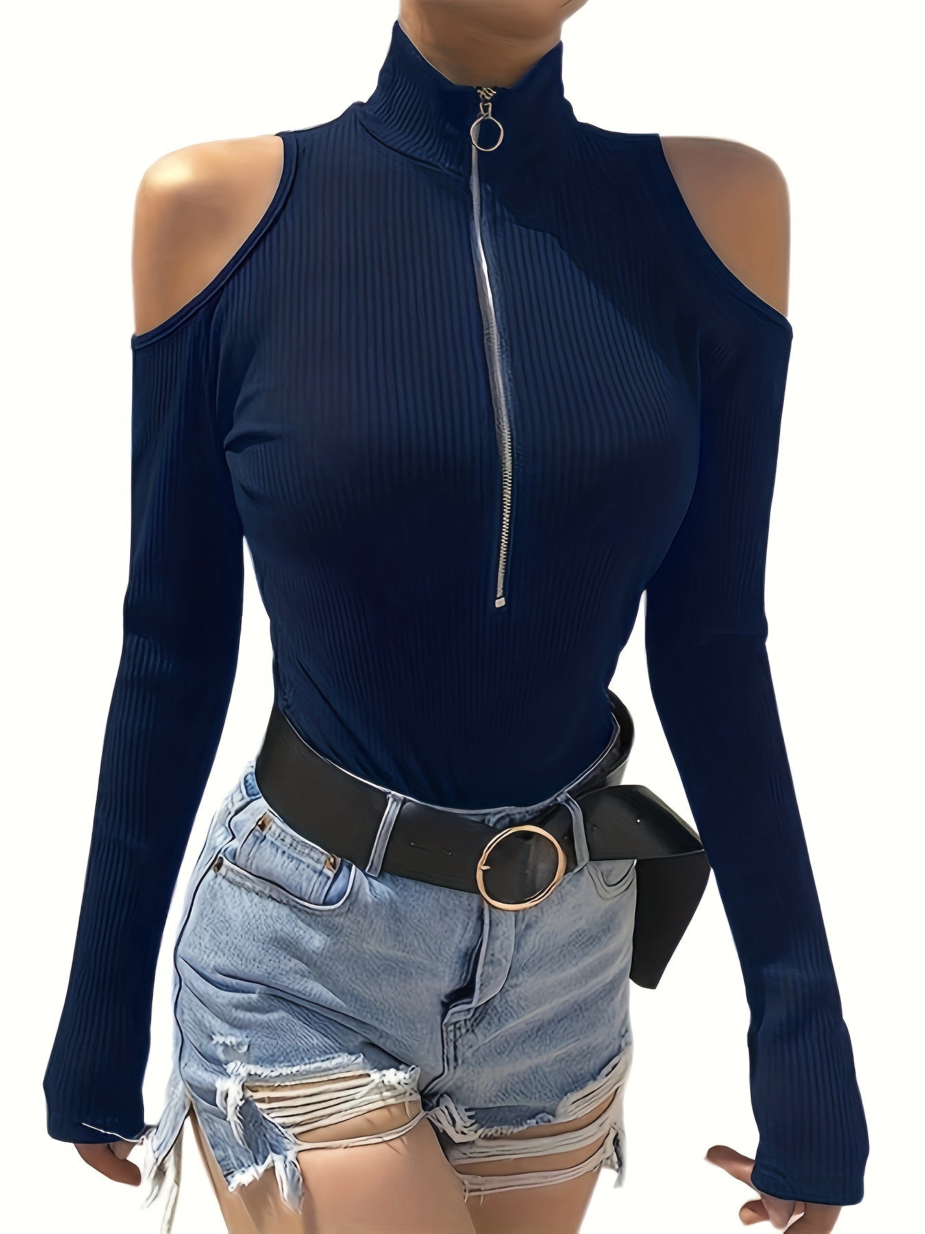 Solid Color Zip Up T-shirt, Elegant Cold Shoulder Long Sleeve Top For Spring & Fall, Women's Clothing