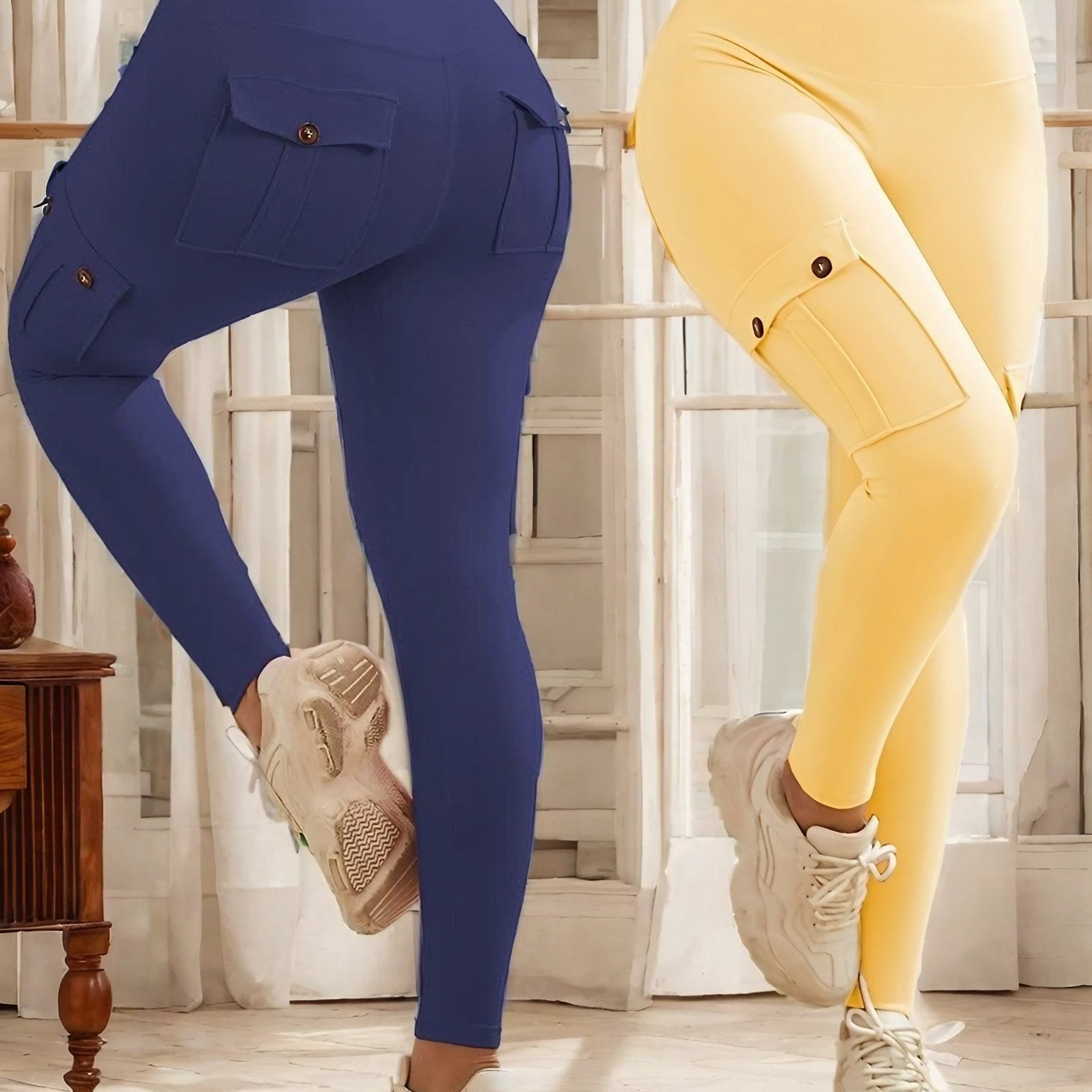2pcs high-waisted yoga leggings with 4-button pockets, multi-pack butt-lifting and abdominal fitness running four-way elastic work pants, 2pcs leggings set