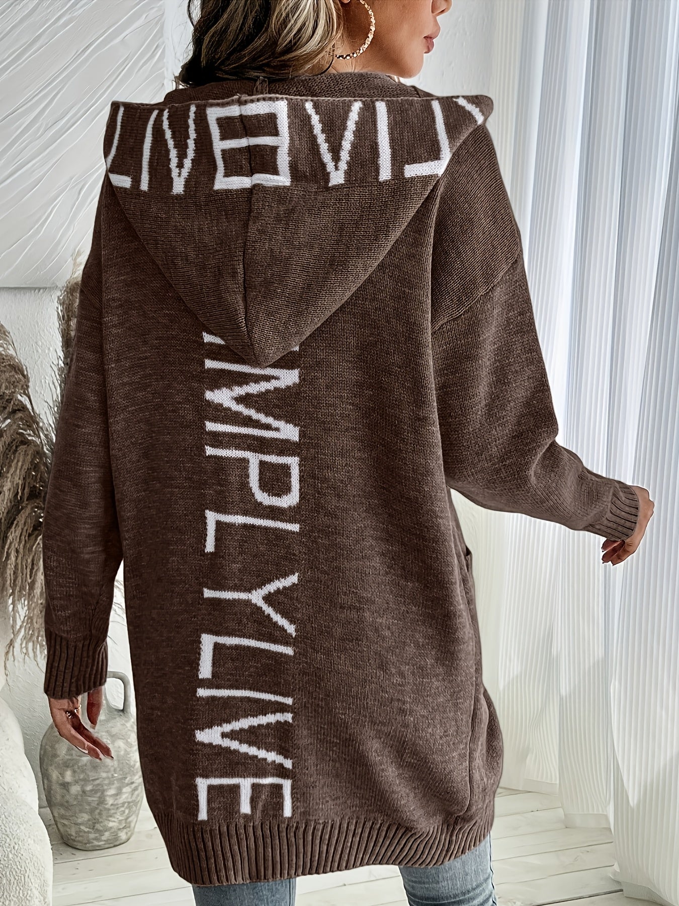 Women's Letter Print Open Front Knit Cardigan - Casual Hoodie Long Sleeve - Cozy Fleece Material - For Fall & Winter - Perfect for Casual Wear & Layering - Ideal Gift for Women