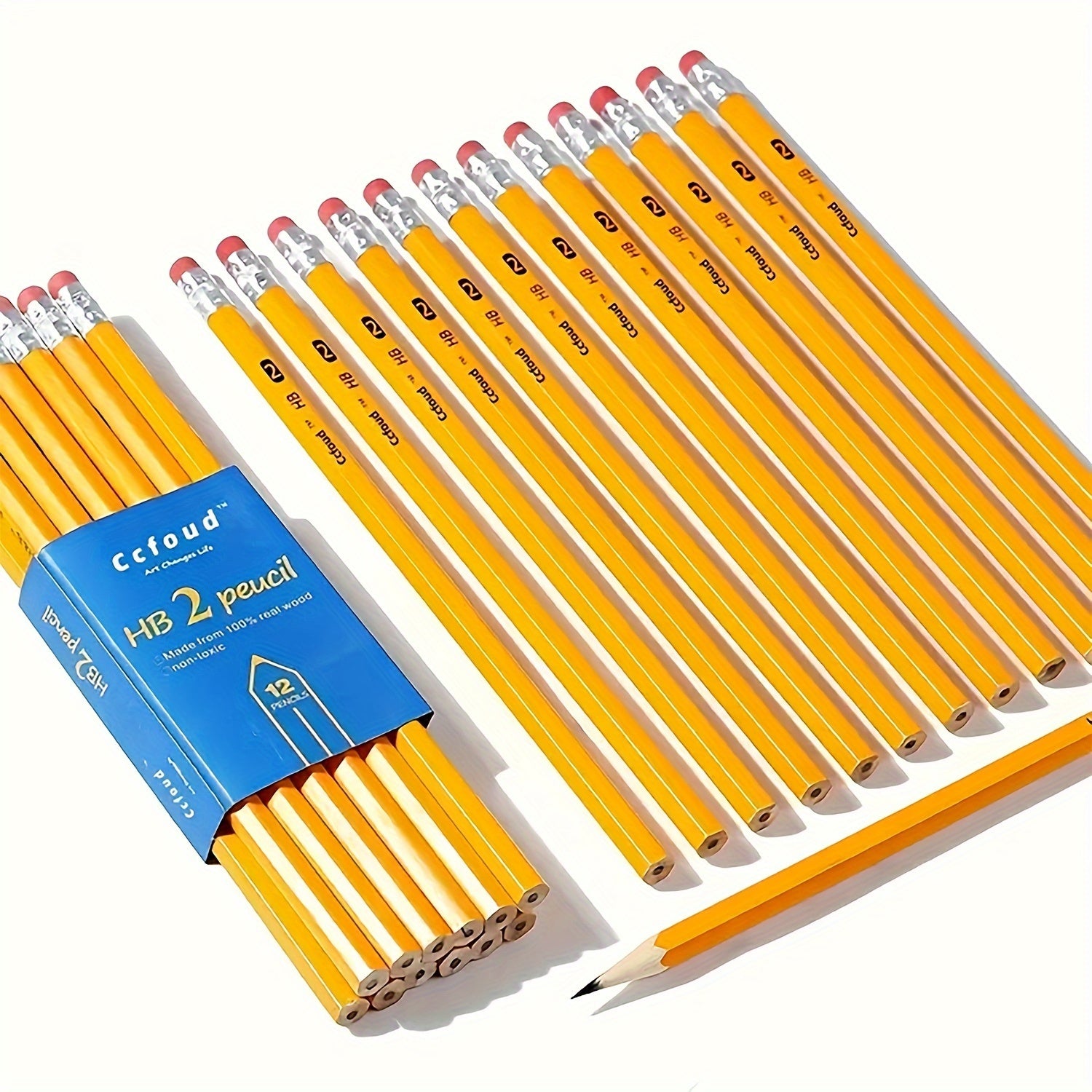 HB Hexagon Wooden Pencils With Red Color Eraser, 12pcs/24pcs Pencils With Eraser Head, HB Pencils For Writing, Drawing And Sketching, Yellow Wooden Pencils For Office