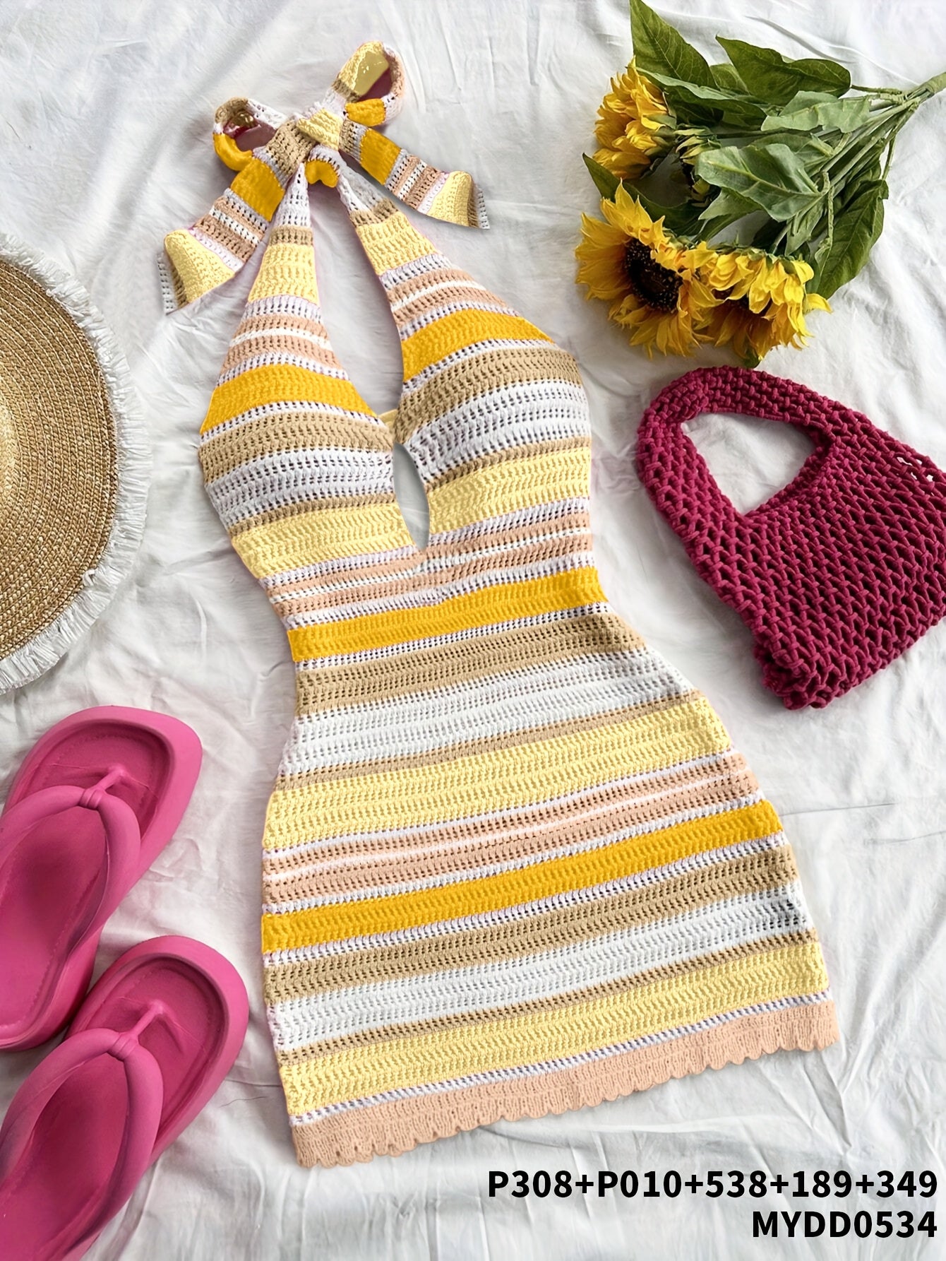 Women's Elegant Halter Neck Back-Tie Knit Dress - Multi-Color Striped Semi-Sheer Wrap Dress with Adjustable Straps & Lace Trim, Beach Vacation Resort Wear, Beach Dress