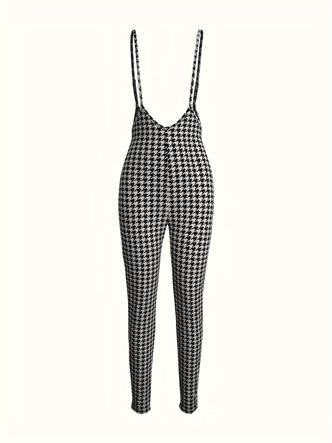 1pc Women's Sexy Houndstooth Pattern Jumpsuit, Polyester Knit Fabric with Elastane, Collarless Design, All-Season Fashion Pants, European And American Style, Geometric Pattern, Halter Neck