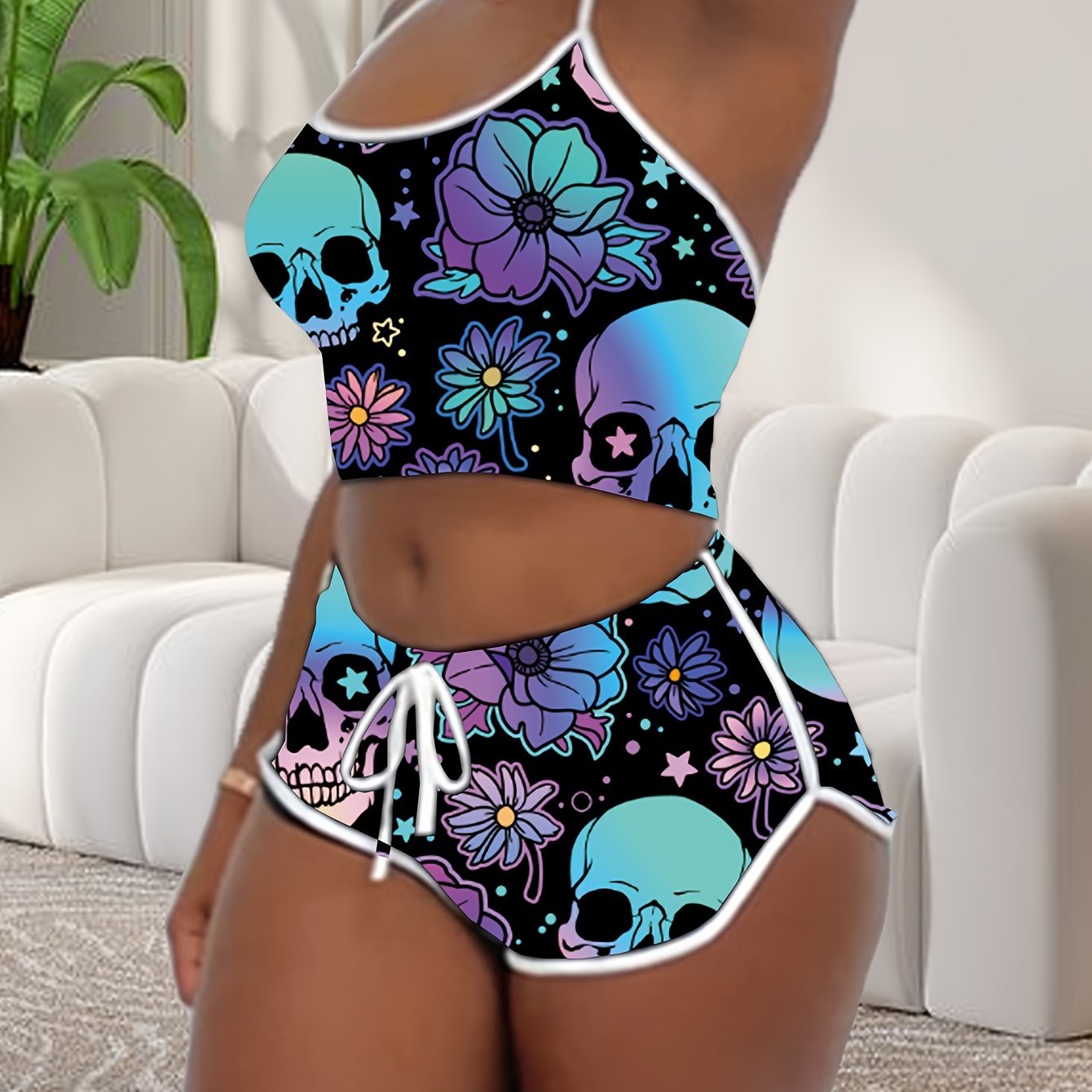 Sexy Solid Binding Lounge Set, Halter Neck Backless Crop Cami Top & Elastic Shorts - Women's Loungewear & Sleepwear - For Women - Perfect for Relaxing at Home - Ideal Gift for Her