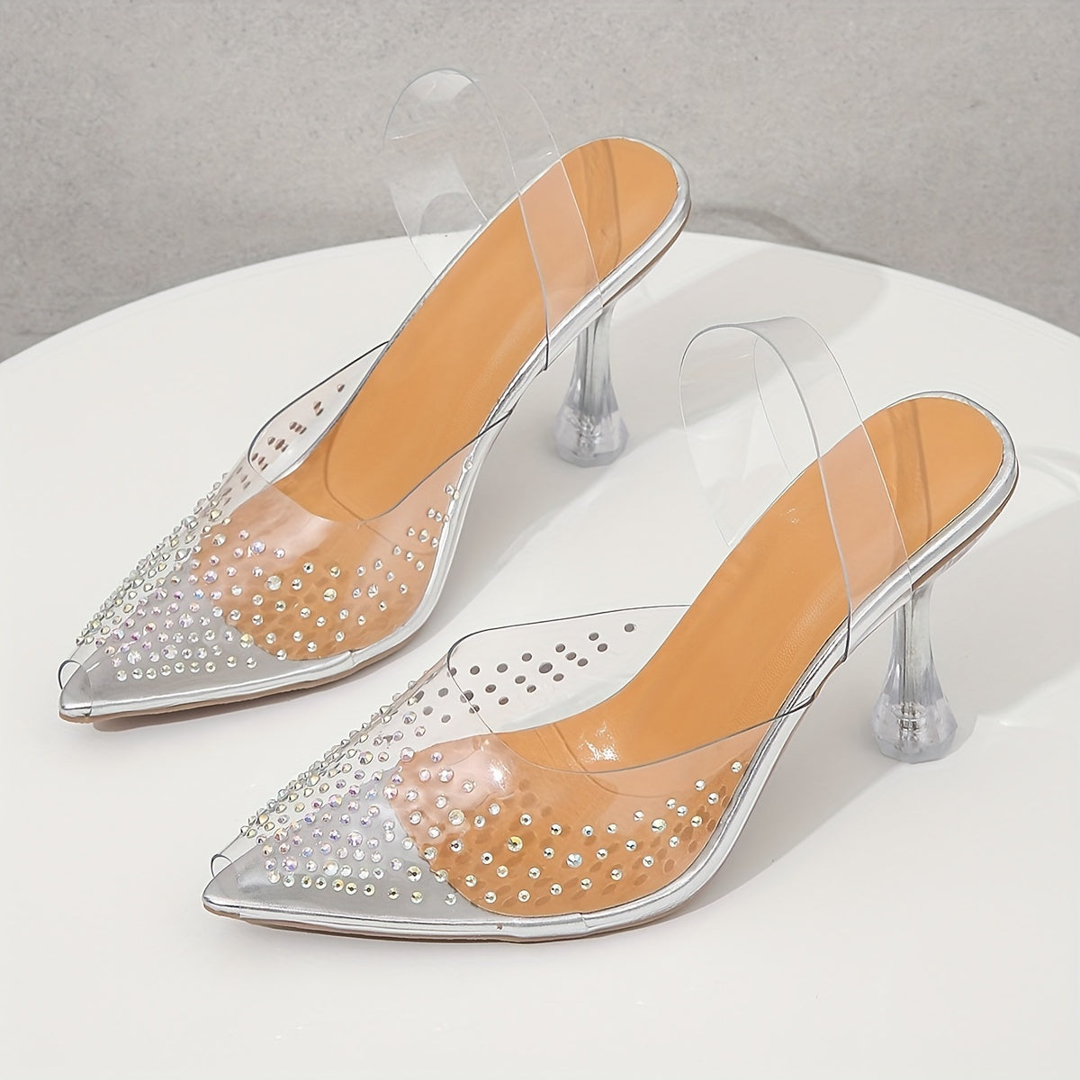 Women's Rhinestone Strappy Stiletto Heels, Transparent Dress Sandals, Summer Point Toe Pumps