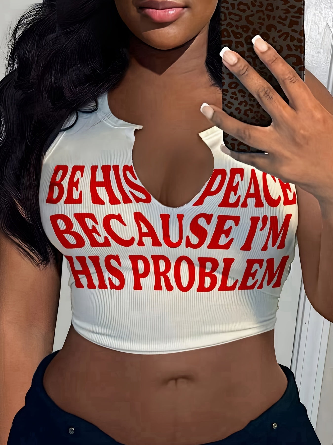 Letter Print Notched Neck Tank Top, Casual Sleeveless Crop Top For Spring & Summer, Women's Clothing