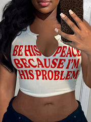 Letter Print Notched Neck Tank Top, Casual Sleeveless Crop Top For Spring & Summer, Women's Clothing