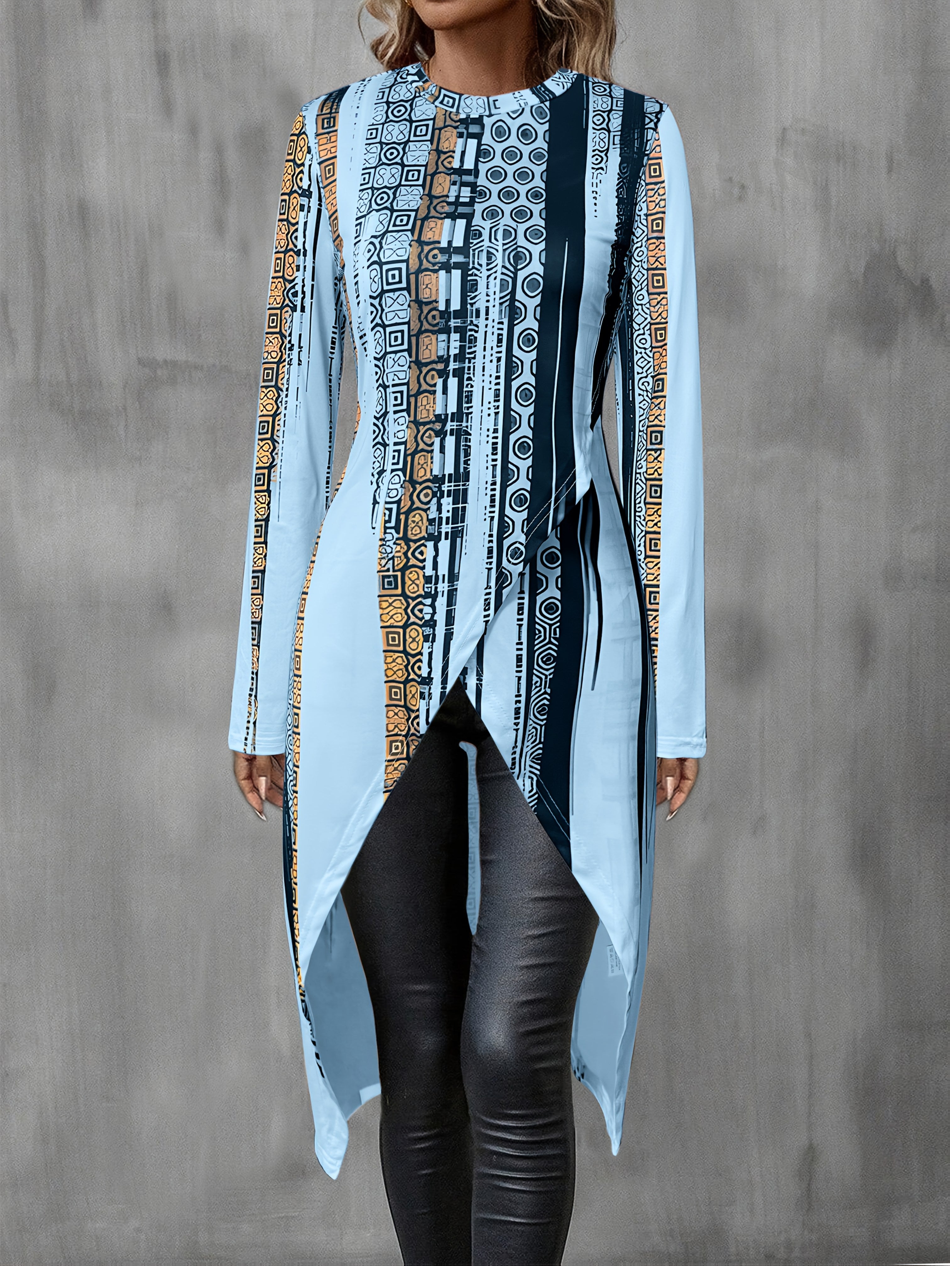 Women's Elegant Long Sleeve Top with Geometric and Striped Print - Round Neck, Asymmetrical Hem, Lightweight Polyester Blend for Spring, Fall, and Winter