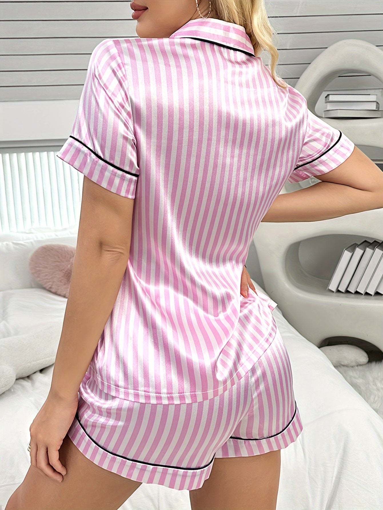 Stylish Women's Cardigan with Buttons, Stripes, Print, Turnover Collar, Short Sleeves, Shorts, Pajama Set, Home Wear Set