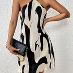 Print Pleated Halter Dress - Sleeveless, Polyester Blend with Ribbed Texture, Perfect for Summer Events - Women's Fashion