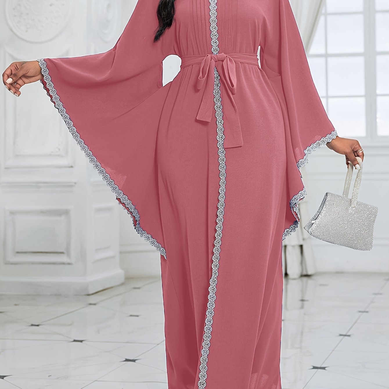 Contrast Lace Flare Sleeve Dress, Elegant Crew Neck Tied Waist Ankle Length Dress For Party & Banquet, Women's Clothing Wedding/Occasion/Engagement/Ceremony/Evening dress