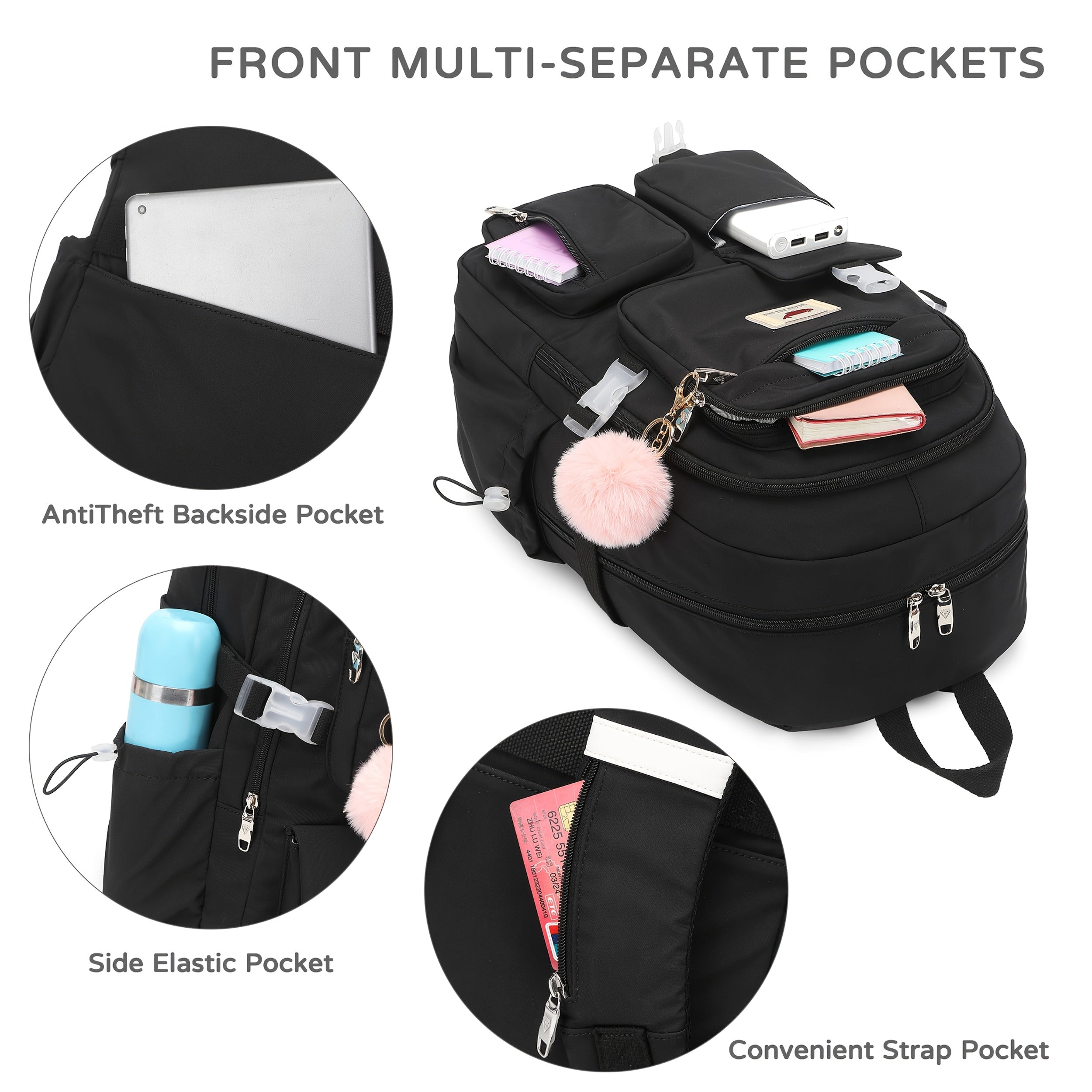 HIDDS Preppy Style 3pcs Backpack Set with Lunch & Pen Case, Nylon Urban Theme Women'S Travel College Backpack, Adjustable Straps, Zipper Closure, Solid Black - Fits 15.6" Laptop