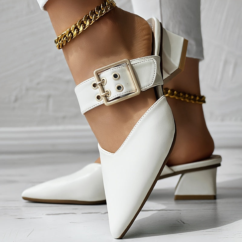 CHICME Women'S Pointed Toe Mary Jane Sandals - Summer 2023 Collection, Chunky Heel, Ankle Strap, Faux Cover, White, Open-Toe Design, Comfortable Fashion Sandals, Chic Footwear | Pointed Toe Sandals | Mary Jane Style Sandals