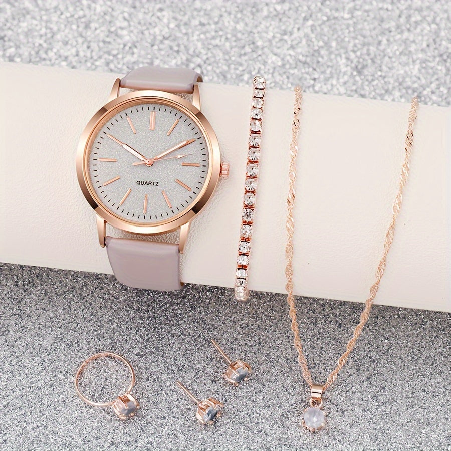6pcs Elegant Women'S Quartz Watch and Jewelry Set - Round Analog Display, Faux Leather Band, Zinc Alloy Case, Non, Includes Bracelet, Necklace, Earrings, Ring - Perfect Gift for Her Mother