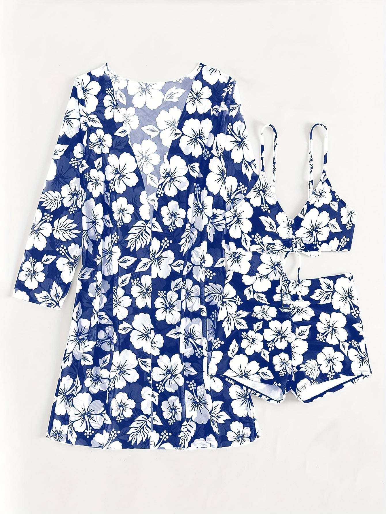 Floral Pattern 3 Piece Set Bikini, Drawstring V Neck Boxer Short Bottom With Long Sleeves Cover Up Shirt Swimsuits, Women's Swimwear & Clothing