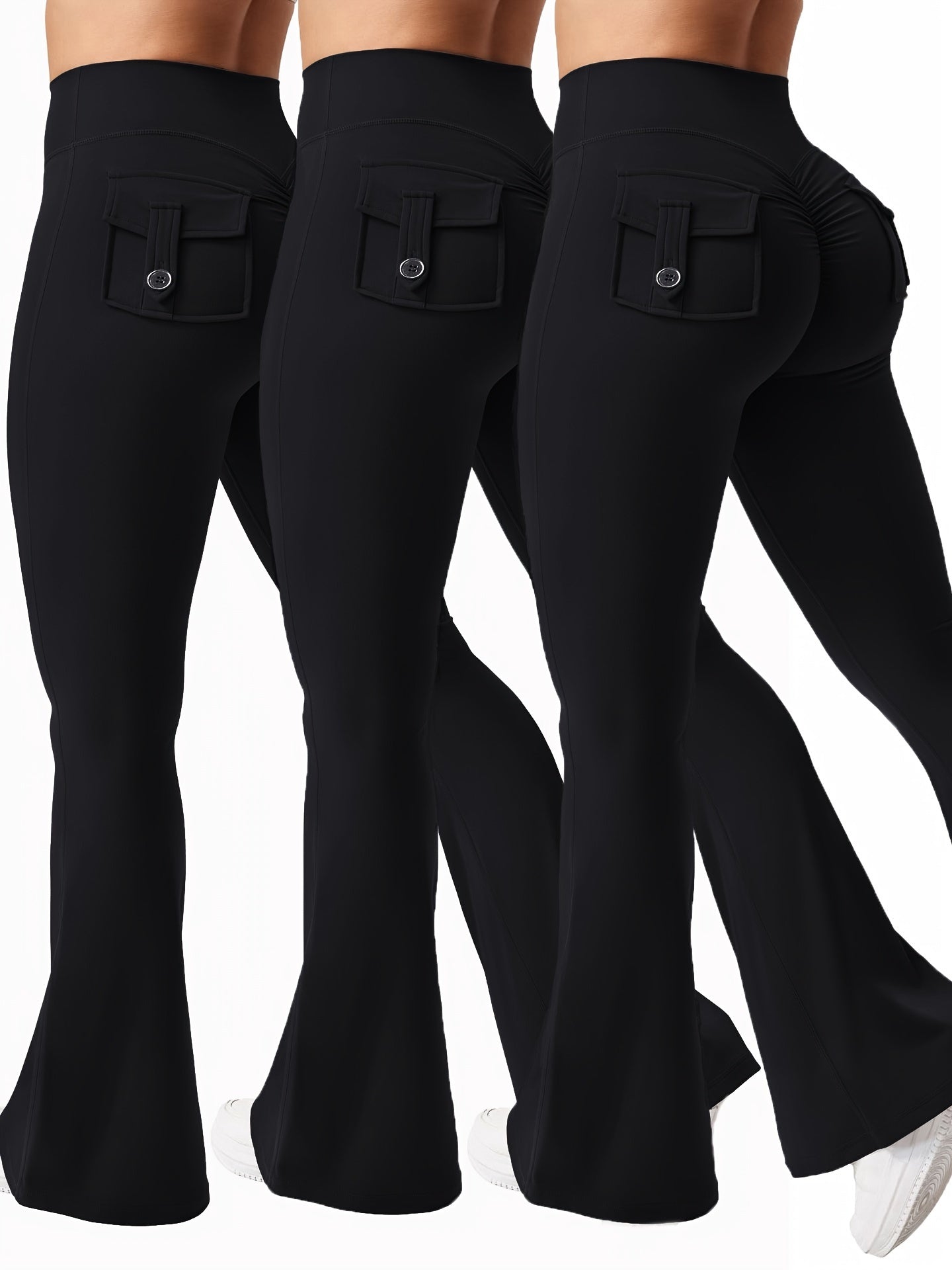 3pcs Women's High Elasticity Yoga Pants with Pockets - Soft Flared Leg Workwear-Style Fitness Pants, Elastic Waistband Tight-Fit Butt-Lifting for Running, Gym & Casual Wear (Black/Grey/Brown), Running Attire | Highwaisted Fla