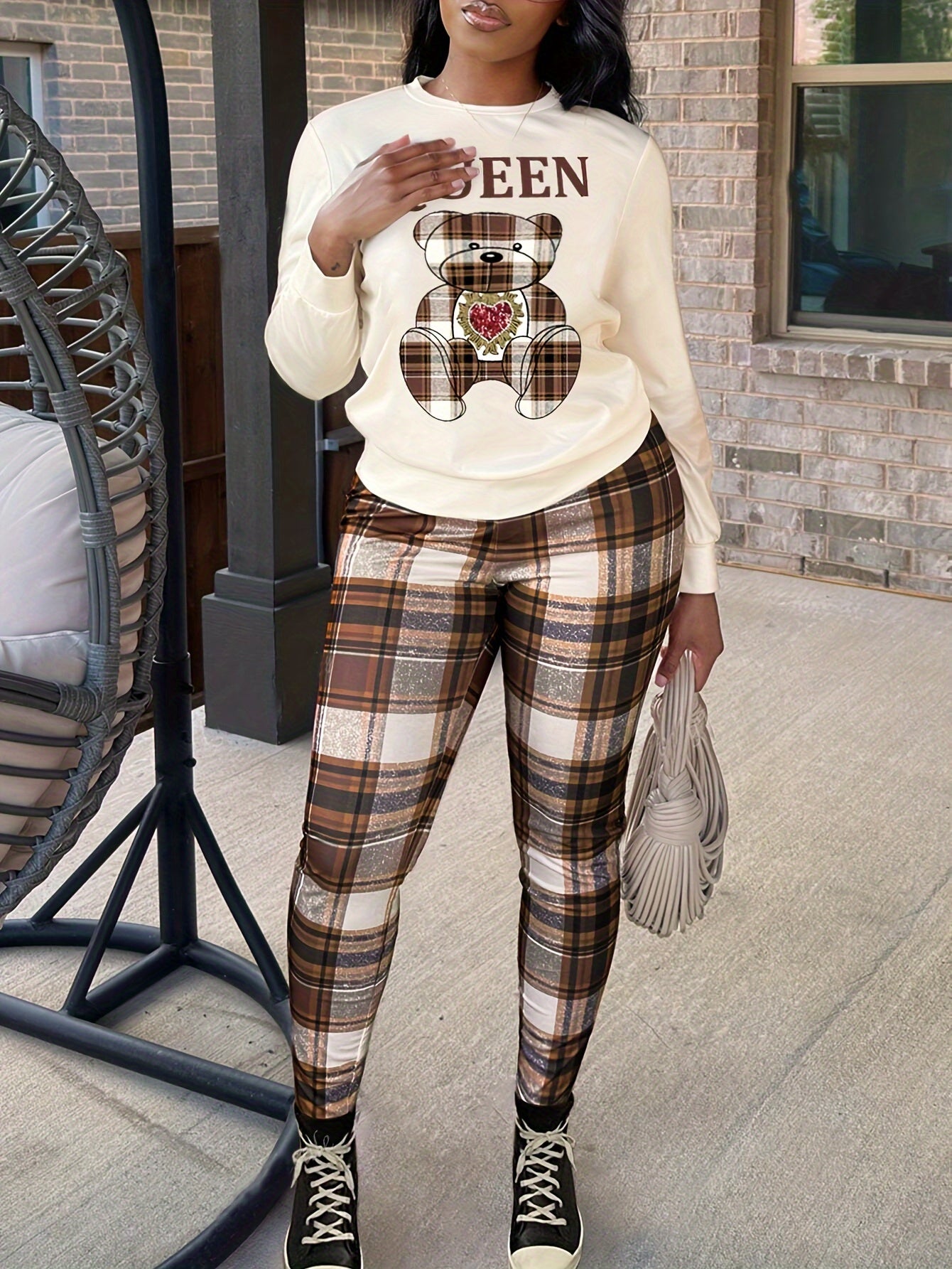 Women's Casual Round Neck Long Sleeves Queen Letter Bear Print Sweatshirt And Plaid Skinny Pants Set Spring Fall And Winter