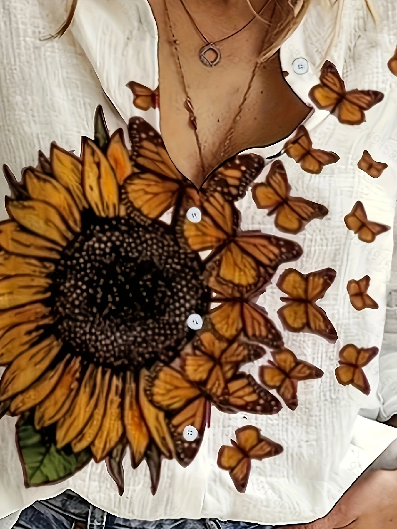 Women's Casual Long Sleeve Collared Shirt with Sunflower Print - Polyester, Machine Washable