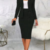 [95% Polyester Split Skirt Suit] Polyester 95% Elastane 5% Women's Elegant Split Skirt Suit Set | Casual Long Sleeve Blazer with Lapel Collar and Fake Pockets, Solid Color, Woven 250g/m² Fabric, Spring/Fall Season - Black