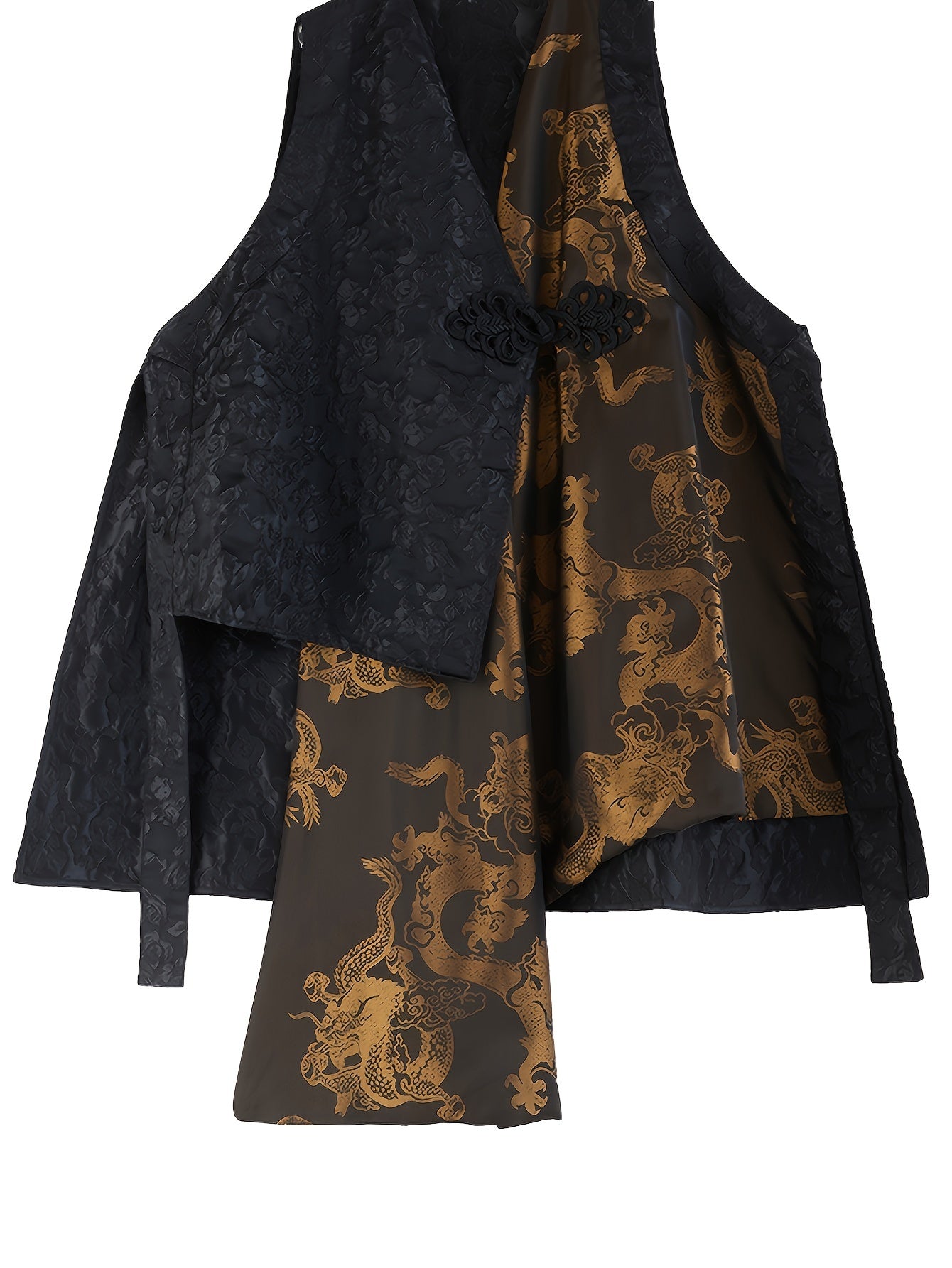 1pc Elegant Plus Size Golden Dragon Print Sleeveless Kimono Cardigan - Casual Polyester Woven Outerwear with Asymmetrical Hem and Criss-Cross Neck Design