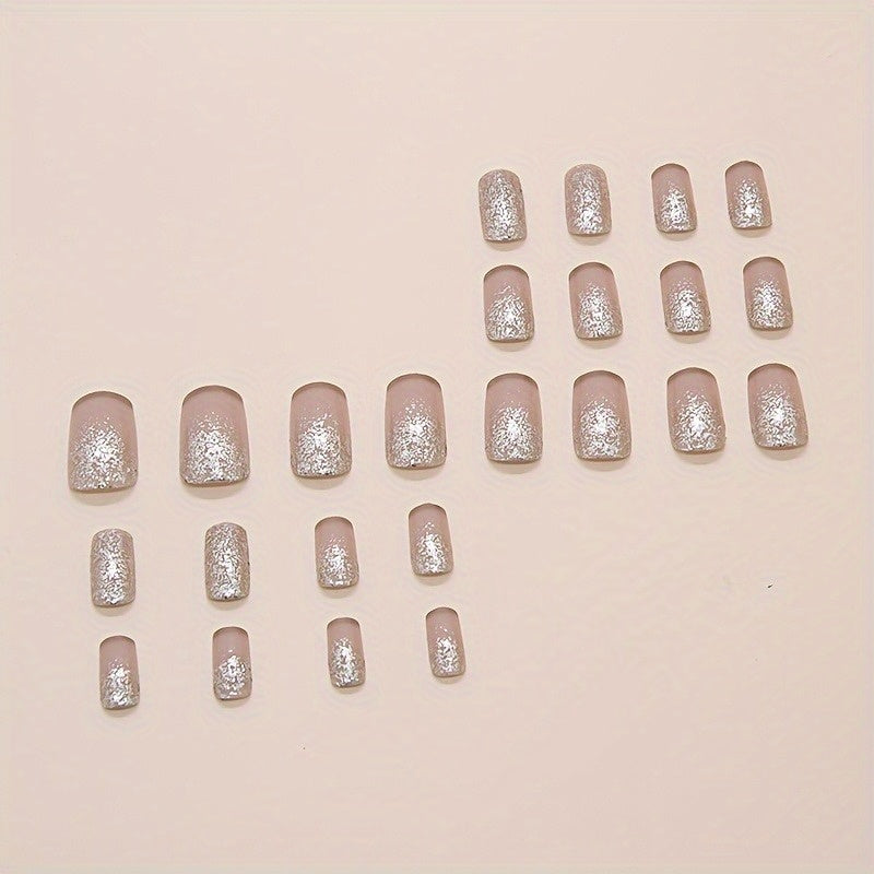 24pcs of sparkling gradient nail art pieces for wearing, European square press on fake nails, sweet and cool, white and elegant style. Detachable, suitable for holiday gatherings, friends' gatherings, daily wear, press on nai