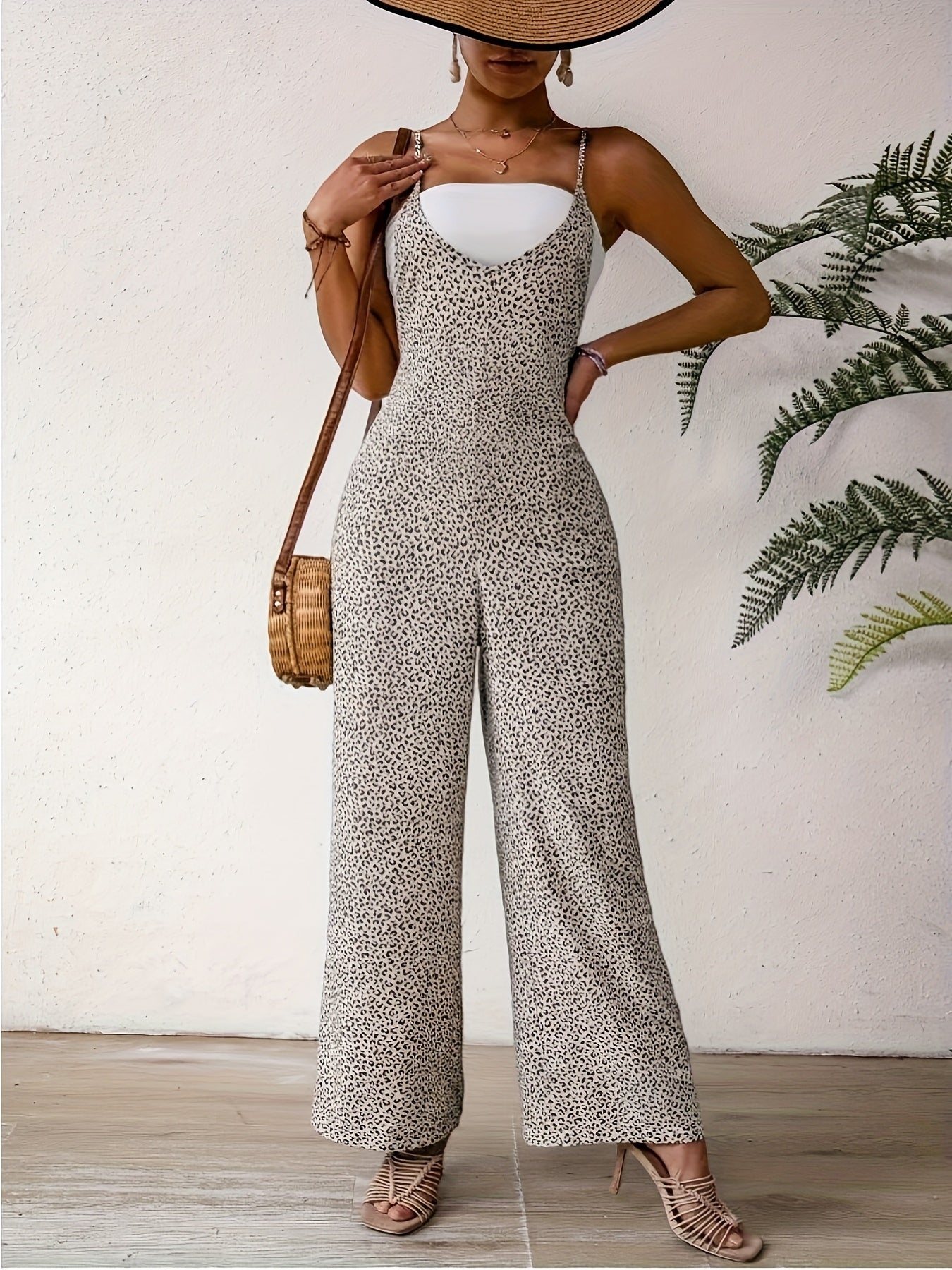 Elegant Leopard Print Women'S Jumpsuit with Cat Ears, Straight Leg Pasta Strap Romper, Summer Fashion for Adults