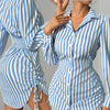 Women's Casual Striped Long Sleeve Shirt Dress with Side Tie Waistband - Polyester Woven Polo Neck Dress for Spring/Fall - Adult Fashion Dress with No Details - For Women - Suitable for Casual Occasions - Perfect Gift for Fas