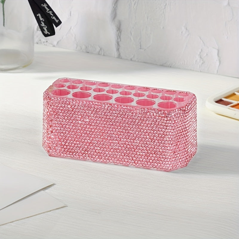 Fashion Creativity Luxury Diamond Inlay Cosmetic Pen Storage Box Eyebrow Pencil Holder with 26 Holes for Makeup Brushes and Eyeliners