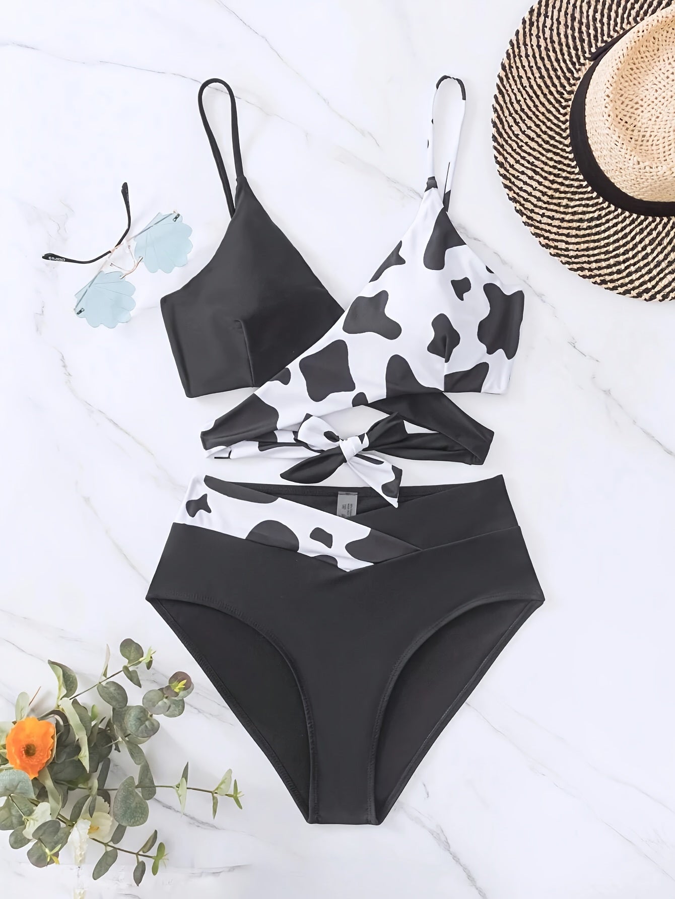 Cow Print 2 Piece Set Bikini, V Neck Layered High Cut Swimsuits, Women's Swimwear & Clothing